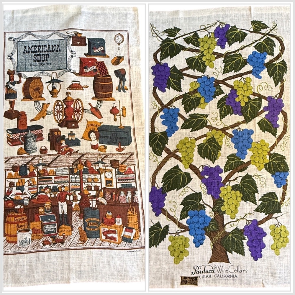 Vintage Kay Dee Handprints Parducci Wine Cellars Linen Tea Towel Grapes 17x29